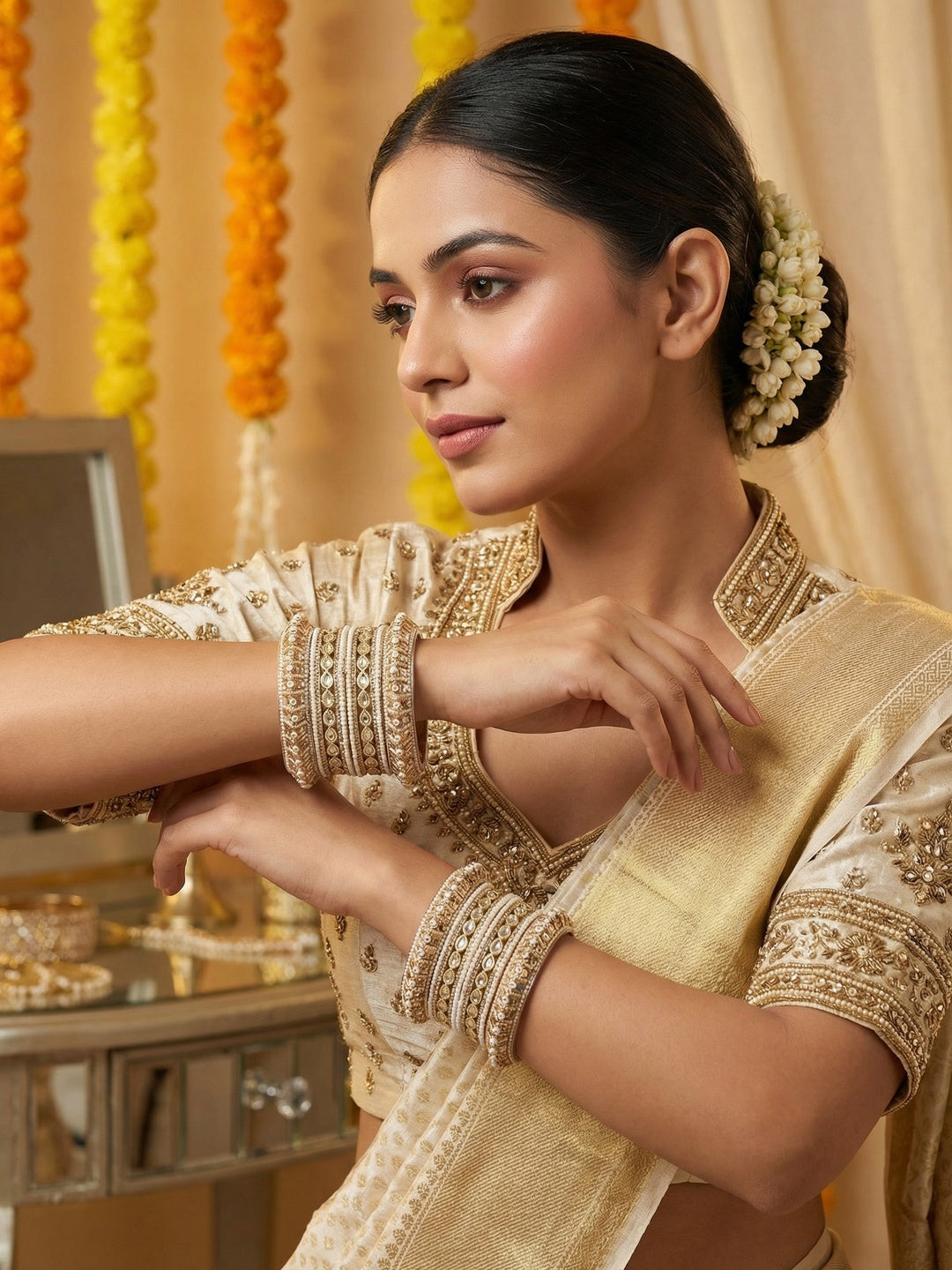 Ishhaara Kundan Bangle Set with White Beads — handcrafted Indian jewellery - view 4