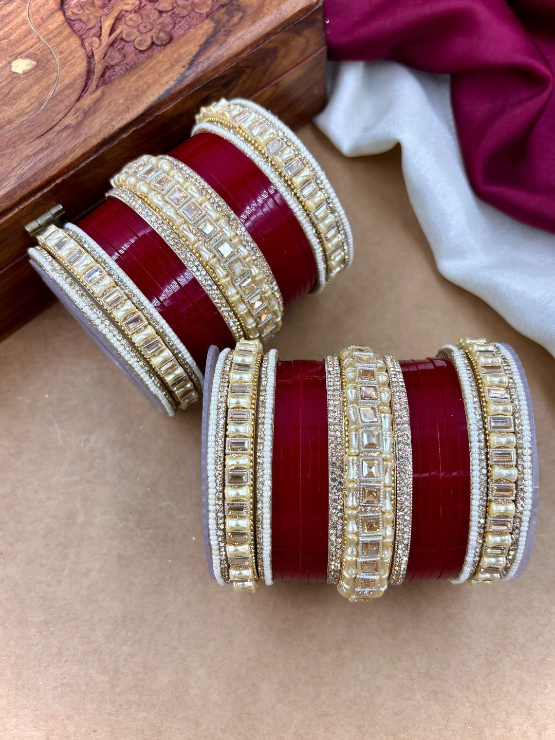 Ishhaara Kundan Bangles - Red and Gold ethnic bangles with intricate designs