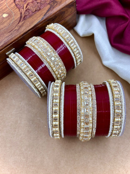 Ishhaara Kundan Bangles - Red and Gold ethnic bangles with intricate designs