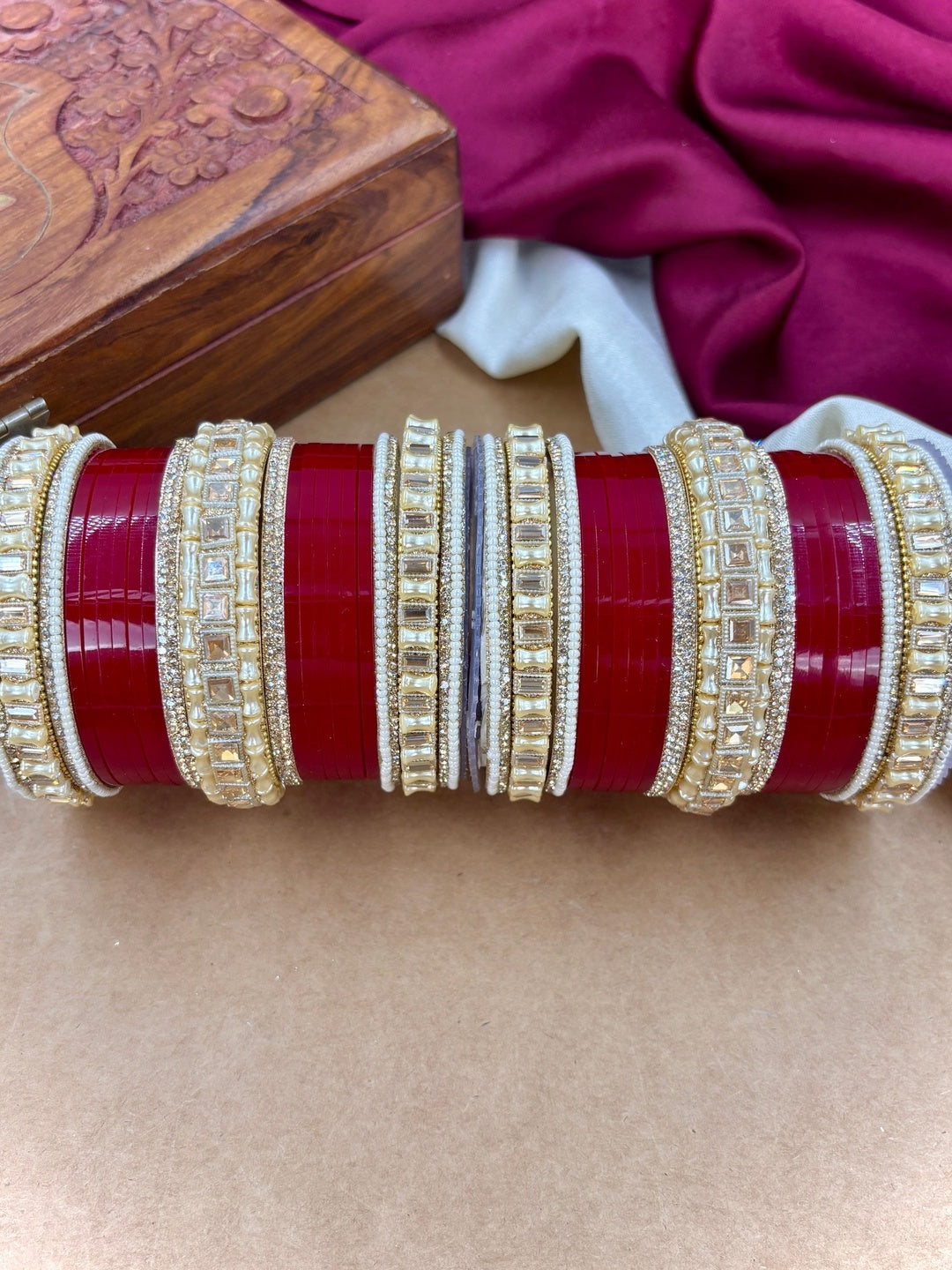Ishhaara Kundan Bangles - Red and Gold ethnic bangles with intricate designs - view 2