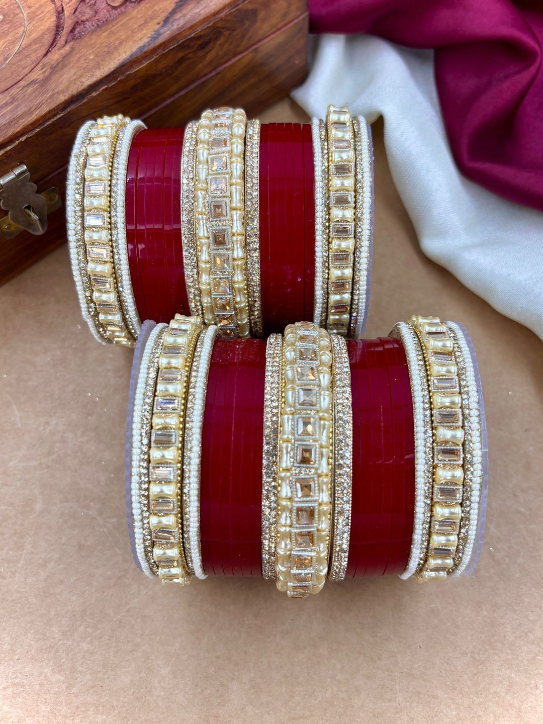 Ishhaara Kundan Bangles - Red and Gold ethnic bangles with intricate designs - view 3