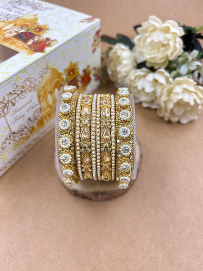 Ishhaara Kundan Bangles Set For Women - gold-toned bangles with kundan stones and pearls