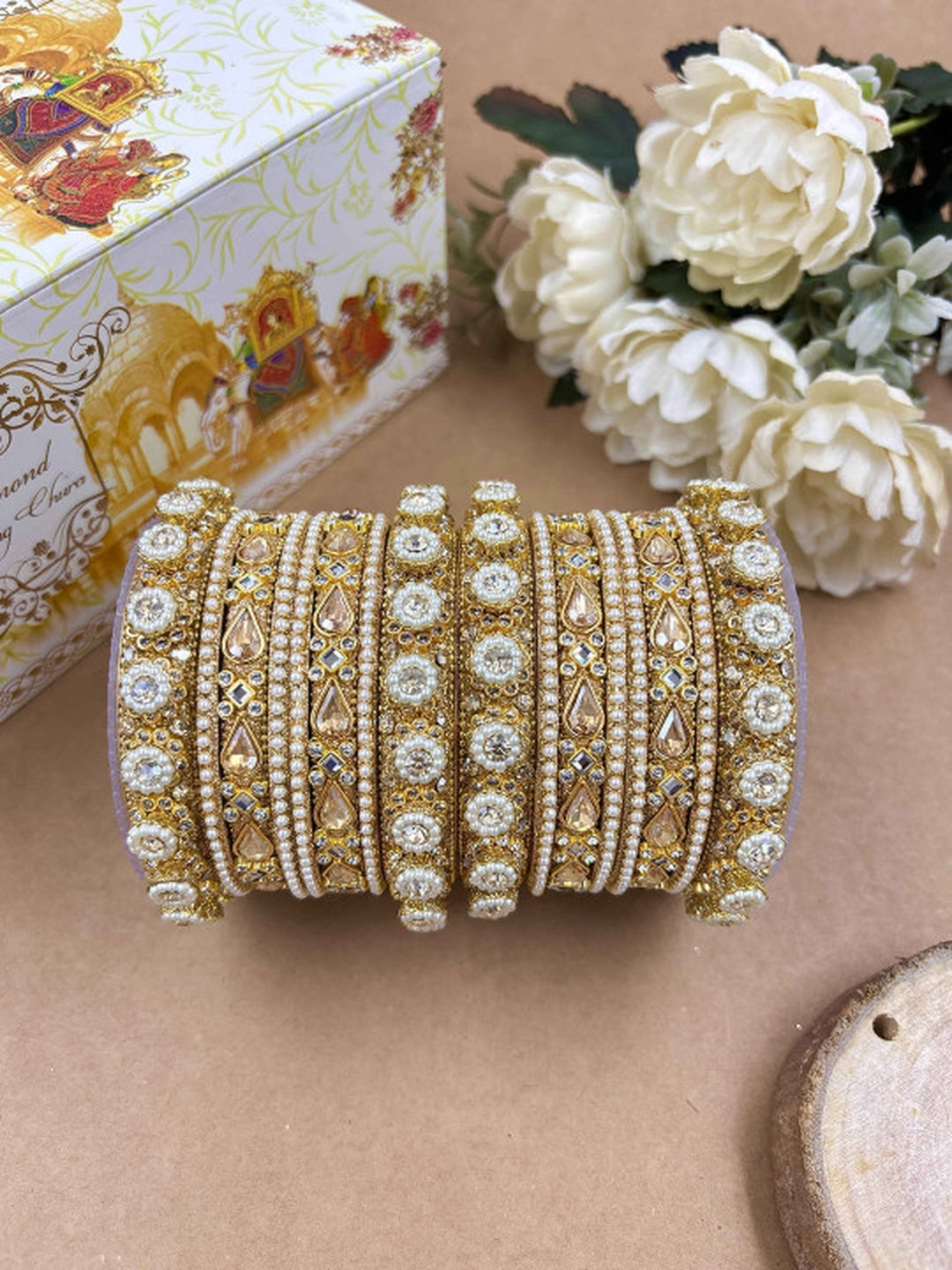 Ishhaara Kundan Bangles Set For Women - gold-toned bangles with kundan stones and pearls - view 3