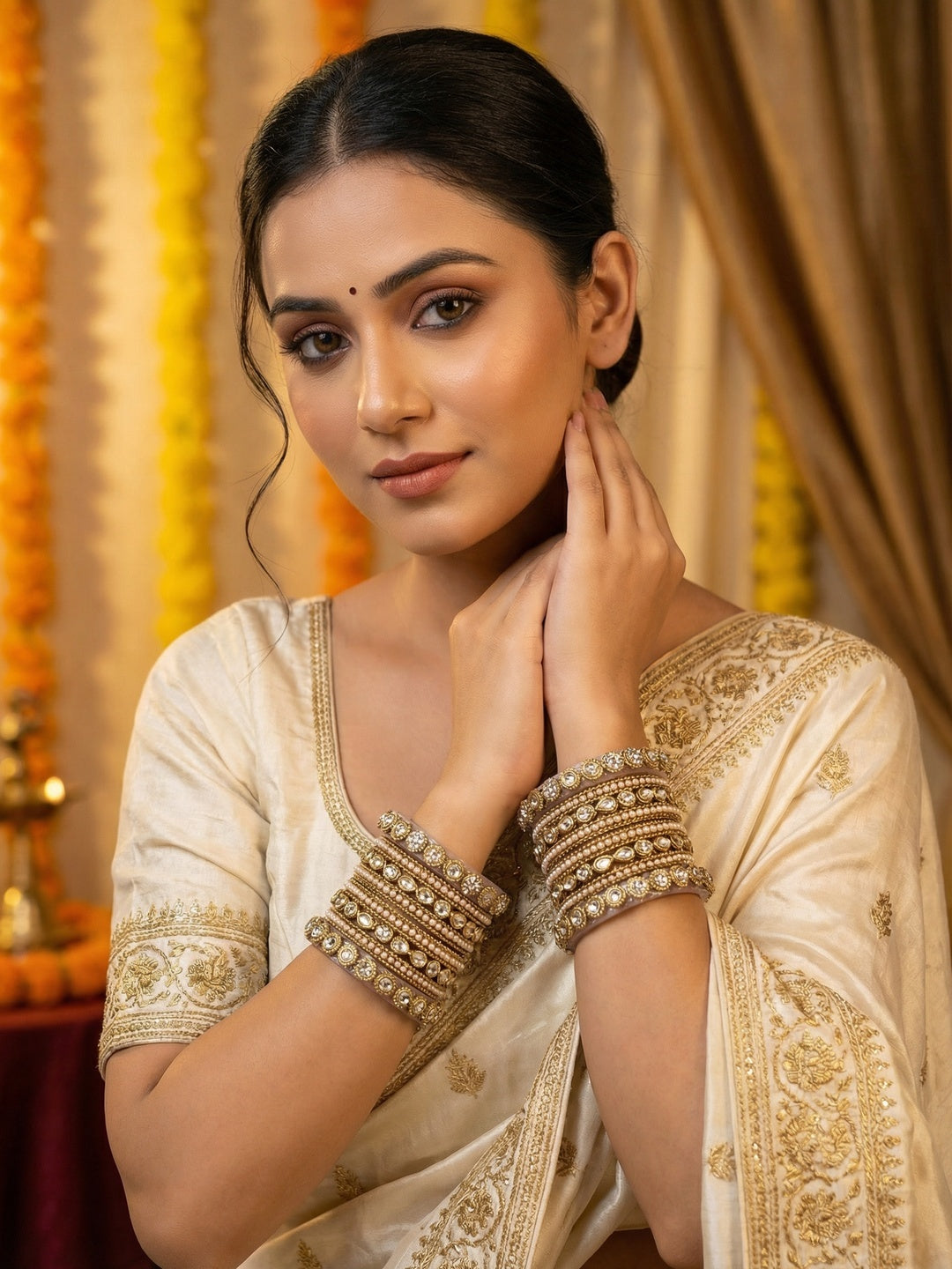 Ishhaara Kundan Bangles Set - A beautiful set of gold bangles adorned with stones and pearls - view 2