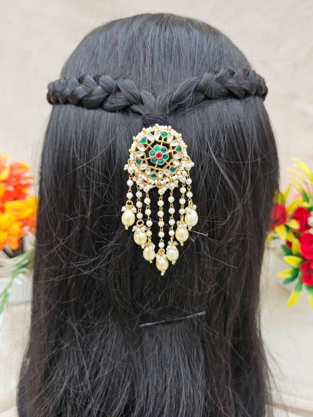 CM-UP161 Kundan Beaded Hair Pin with Pearl Drops — handcrafted Indian jewellery