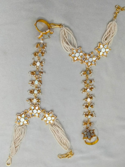Ishhaara Kundan Beaded White Stone Hathphool — handcrafted Indian jewellery