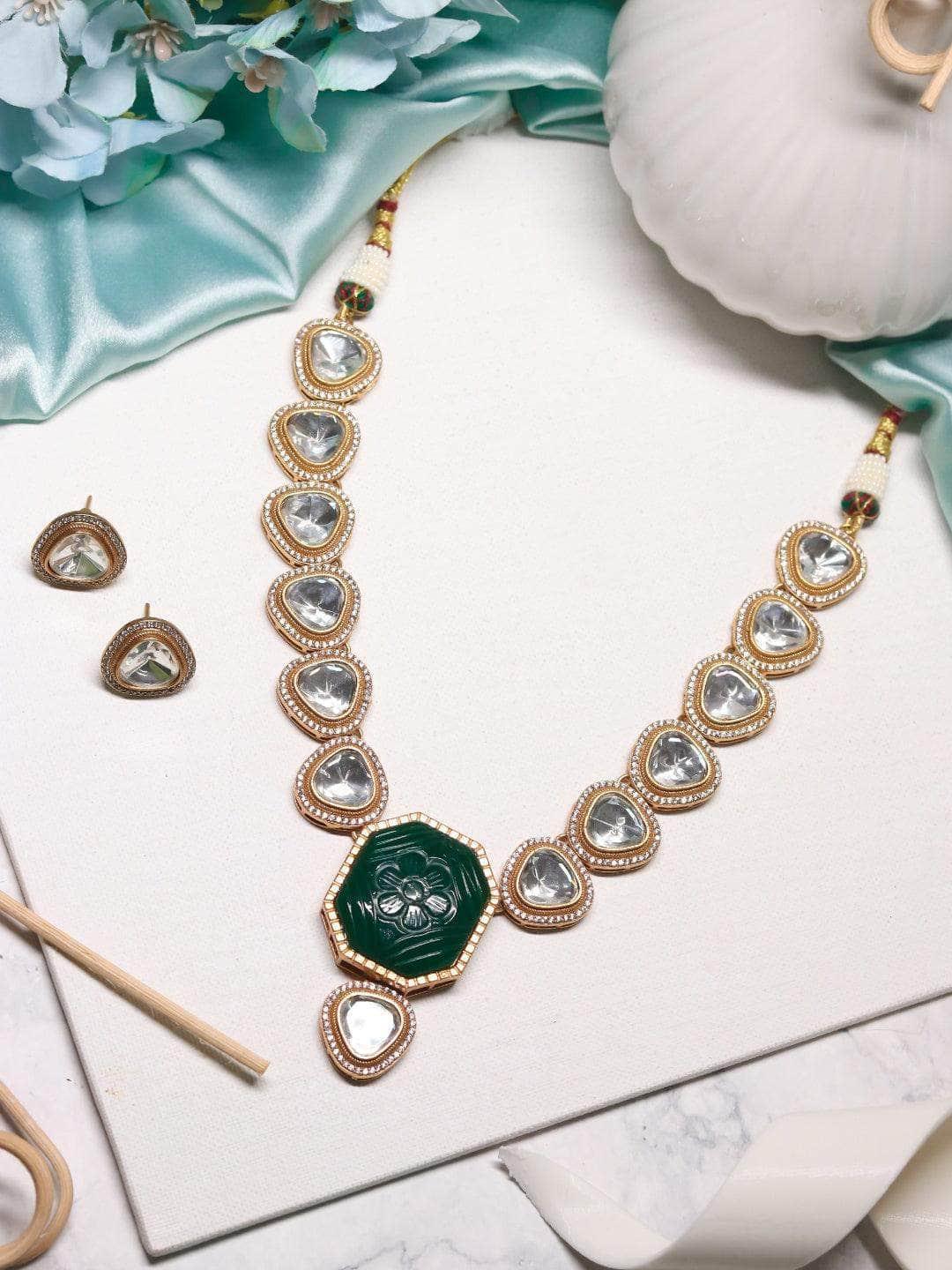 Ishhaara Kundan Carved Green Stone Necklace Set