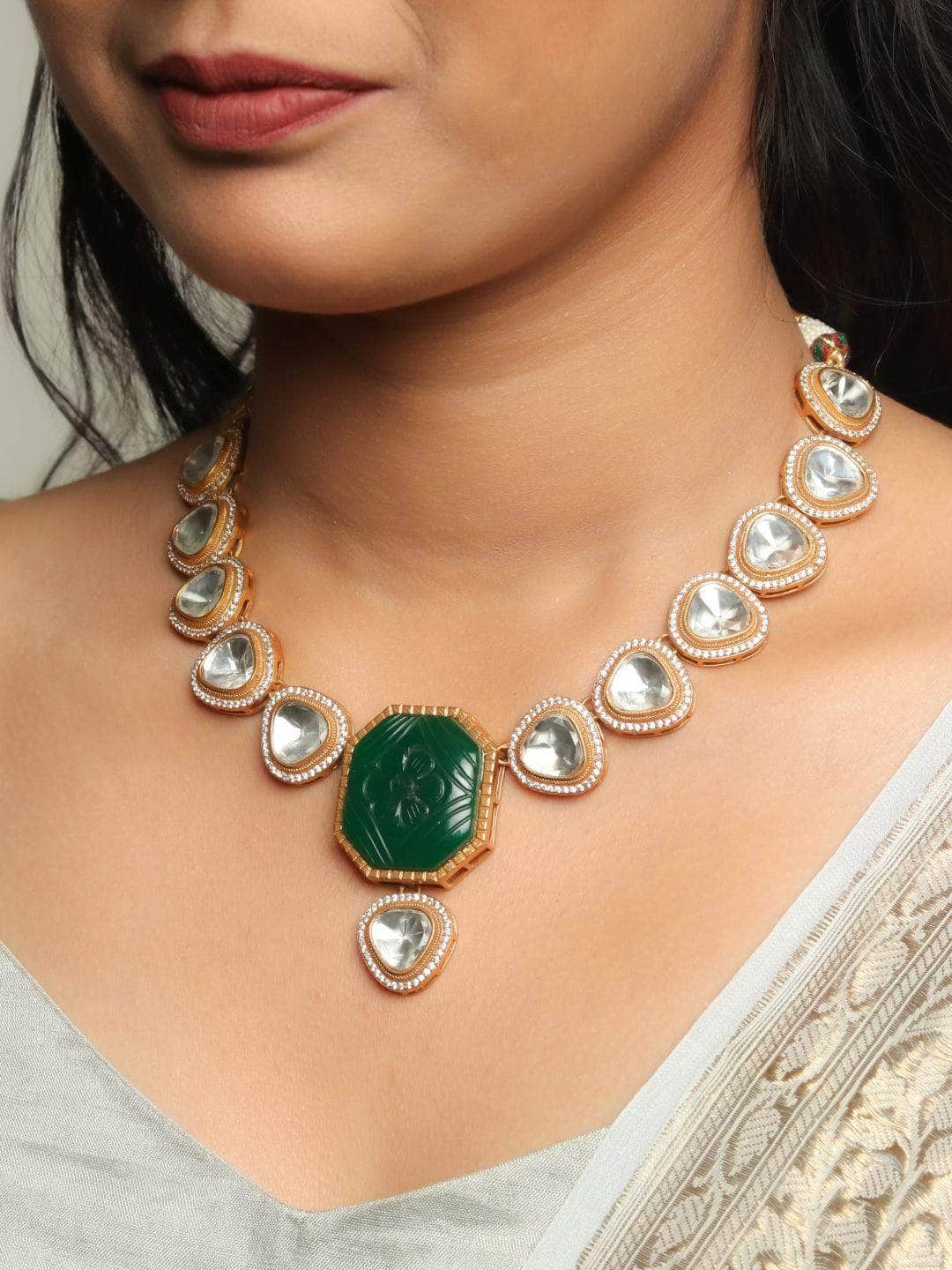 Ishhaara Kundan Carved Green Stone Necklace Set