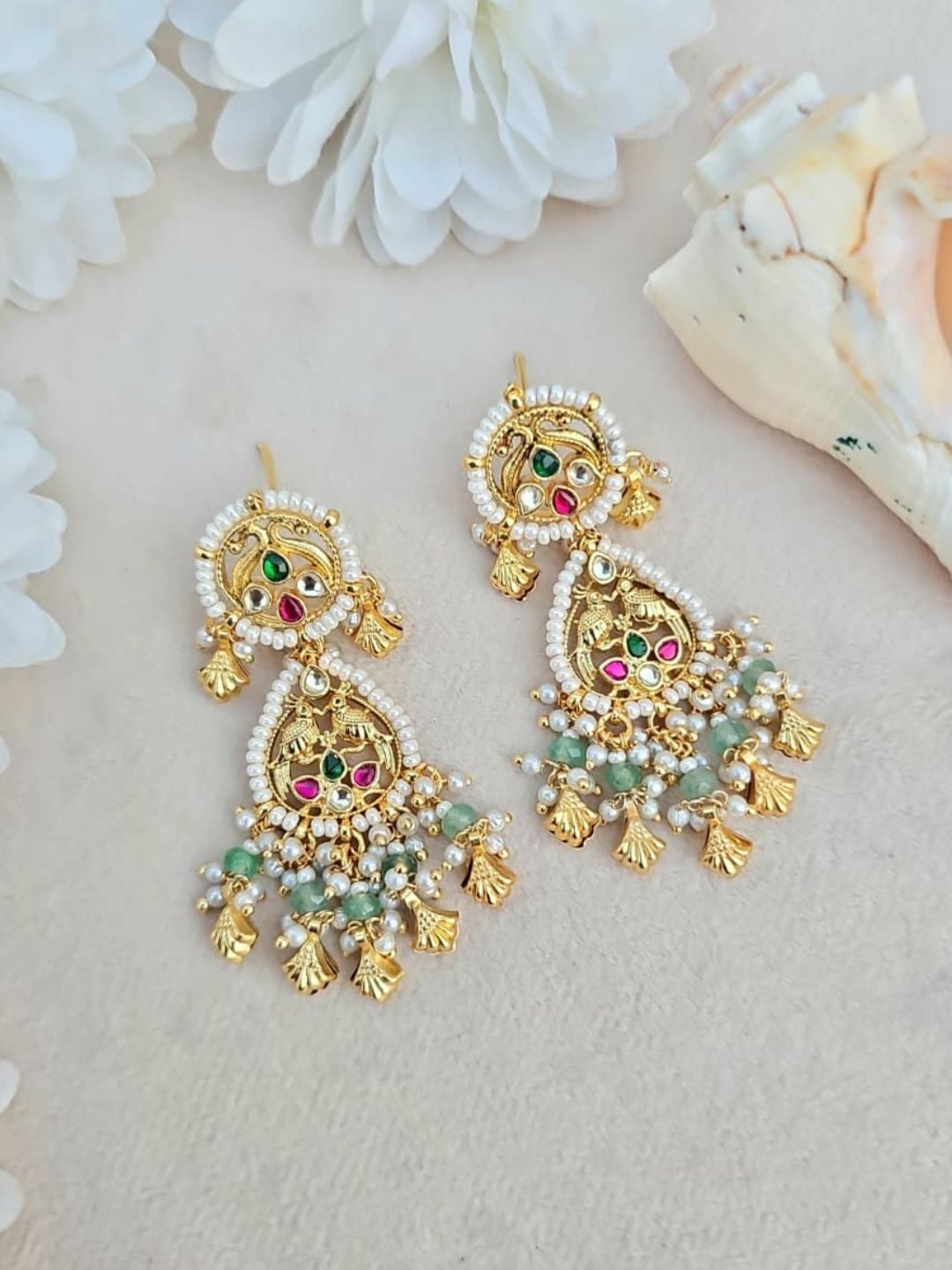 Ishhaara Kundan Double Tier Peacock Jhumka Earrings With Green Beads - handcrafted Indian jewellery