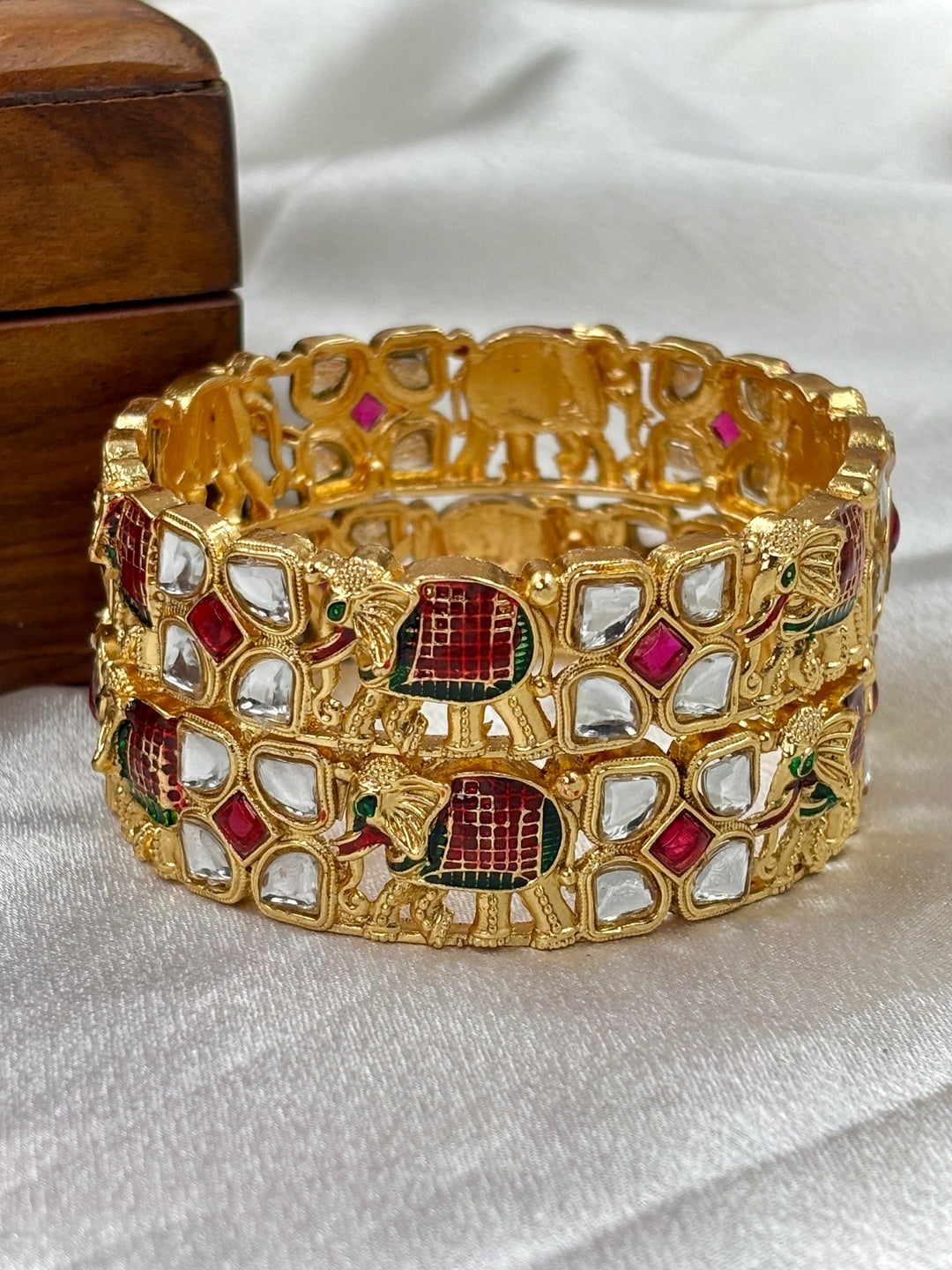 Ishhaara Kundan Elephant Bangles Pair - gold bangles with elephant design and kundan stones - view 2