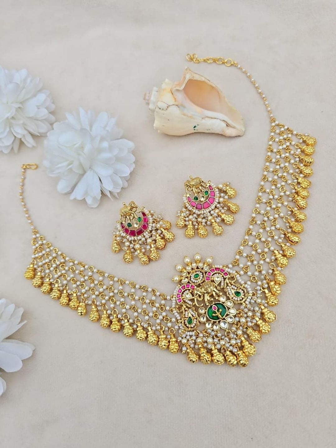 Ishhaara Kundan Elephant Motif Pearl Necklace & Earring Set
