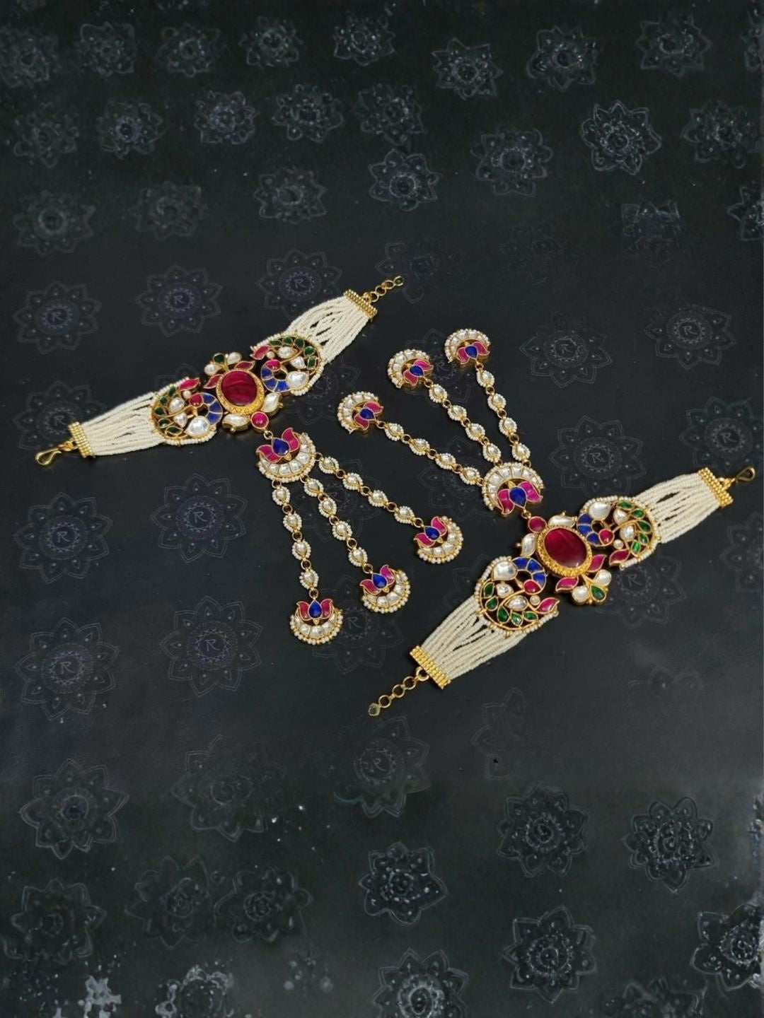 Ishhaara Kundan Enamel Beaded Anklet Pair - handcrafted Indian jewellery