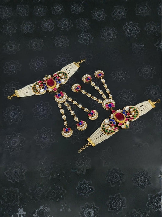 Ishhaara Kundan Enamel Beaded Anklet Pair - handcrafted Indian jewellery