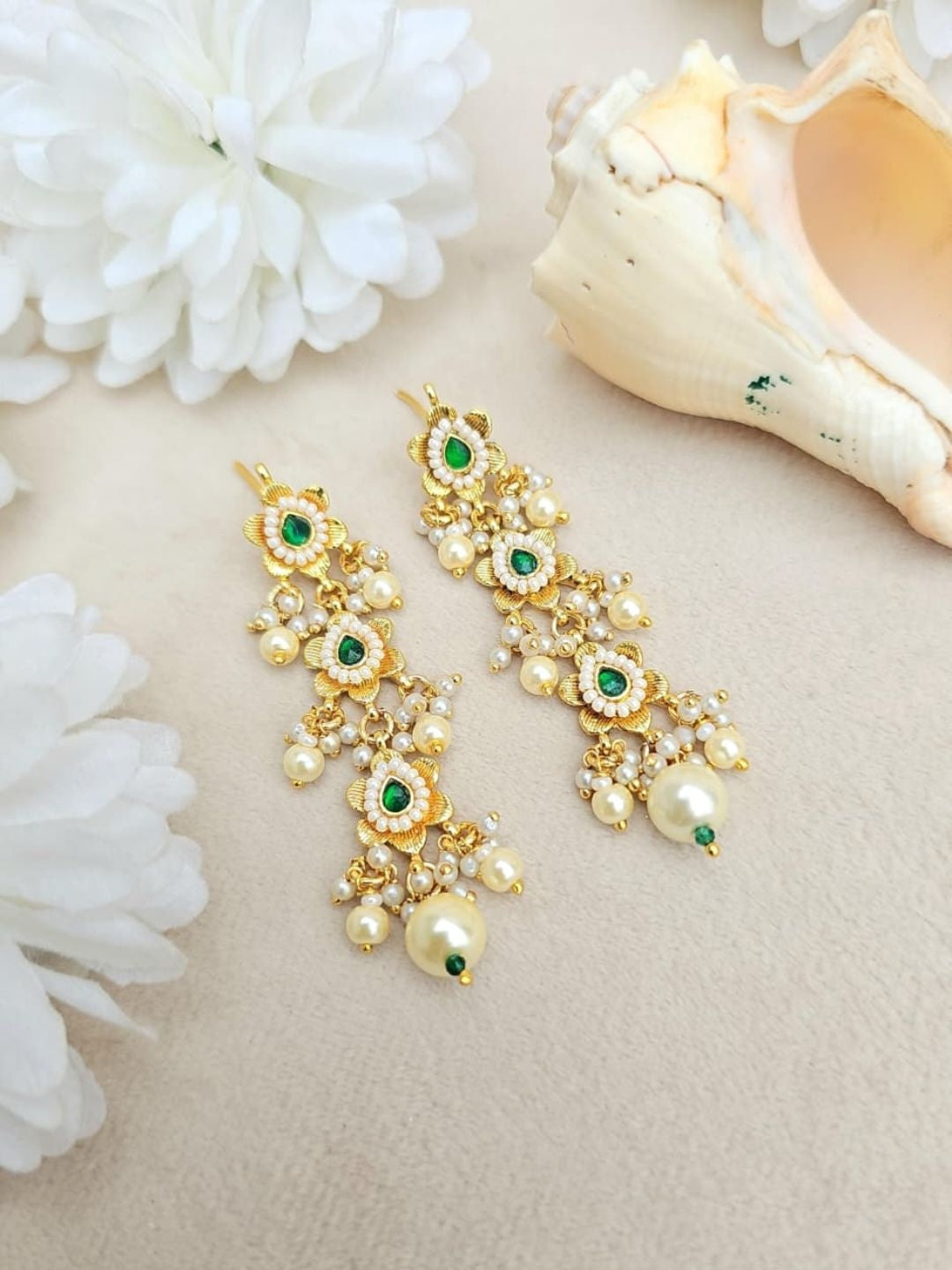 Ishhaara Kundan Green Bead Dangler Earrings - handcrafted Indian jewellery