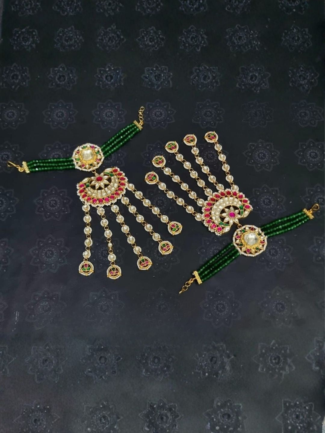 Ishhaara Kundan Green Bead Matha Patti - handcrafted Indian jewellery
