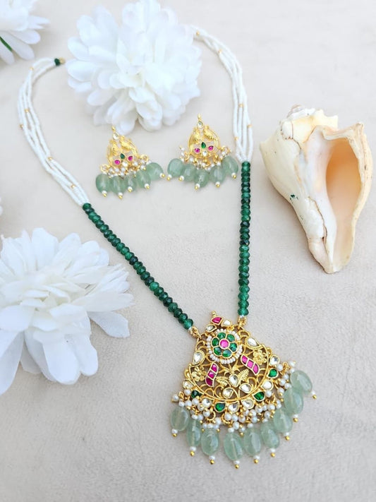 Ishhaara Kundan Green Beaded Necklace And Earrings Set - handcrafted Indian jewellery