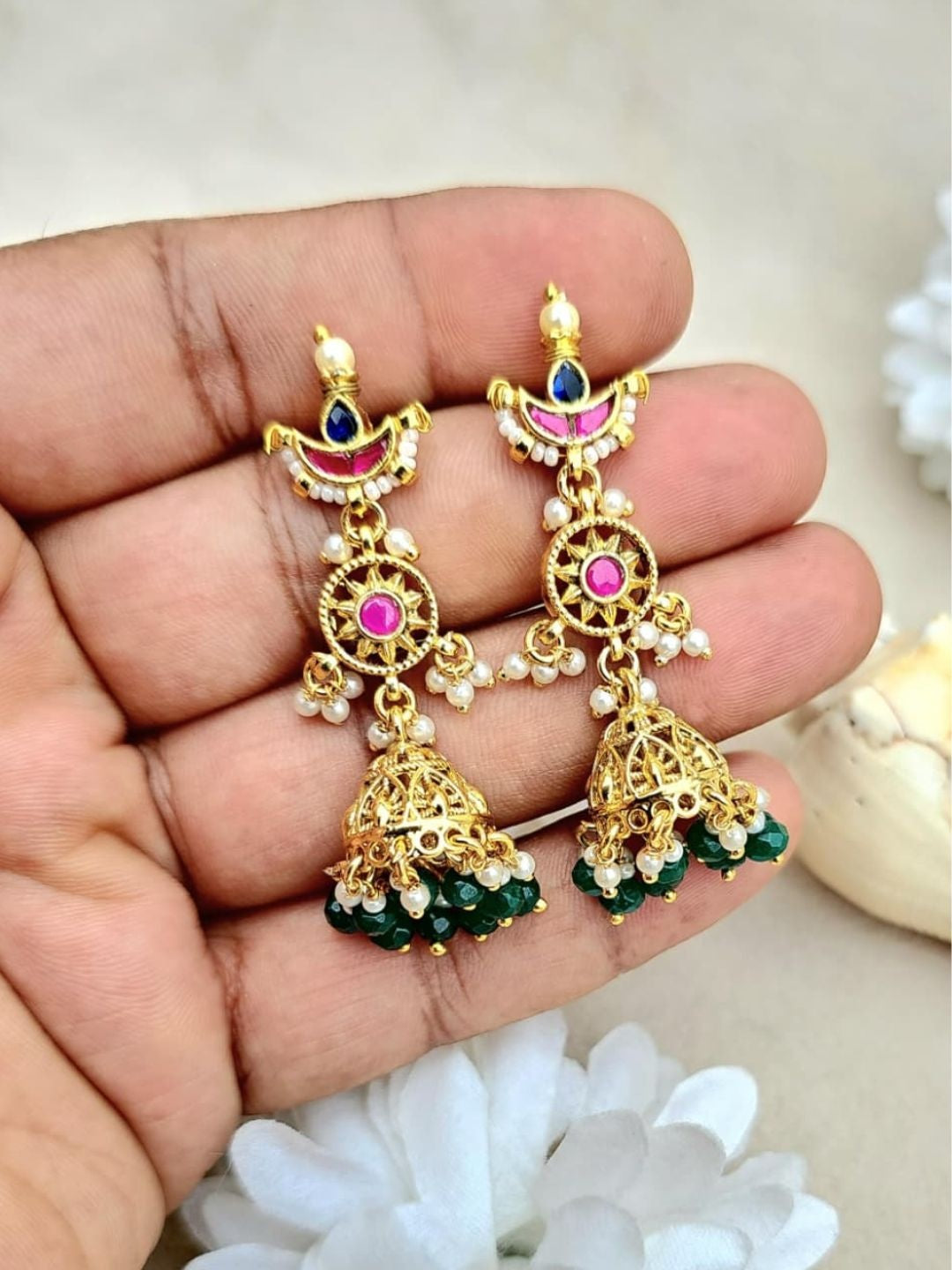 Ishhaara Kundan Green Jhumka Earrings - handcrafted Indian jewellery