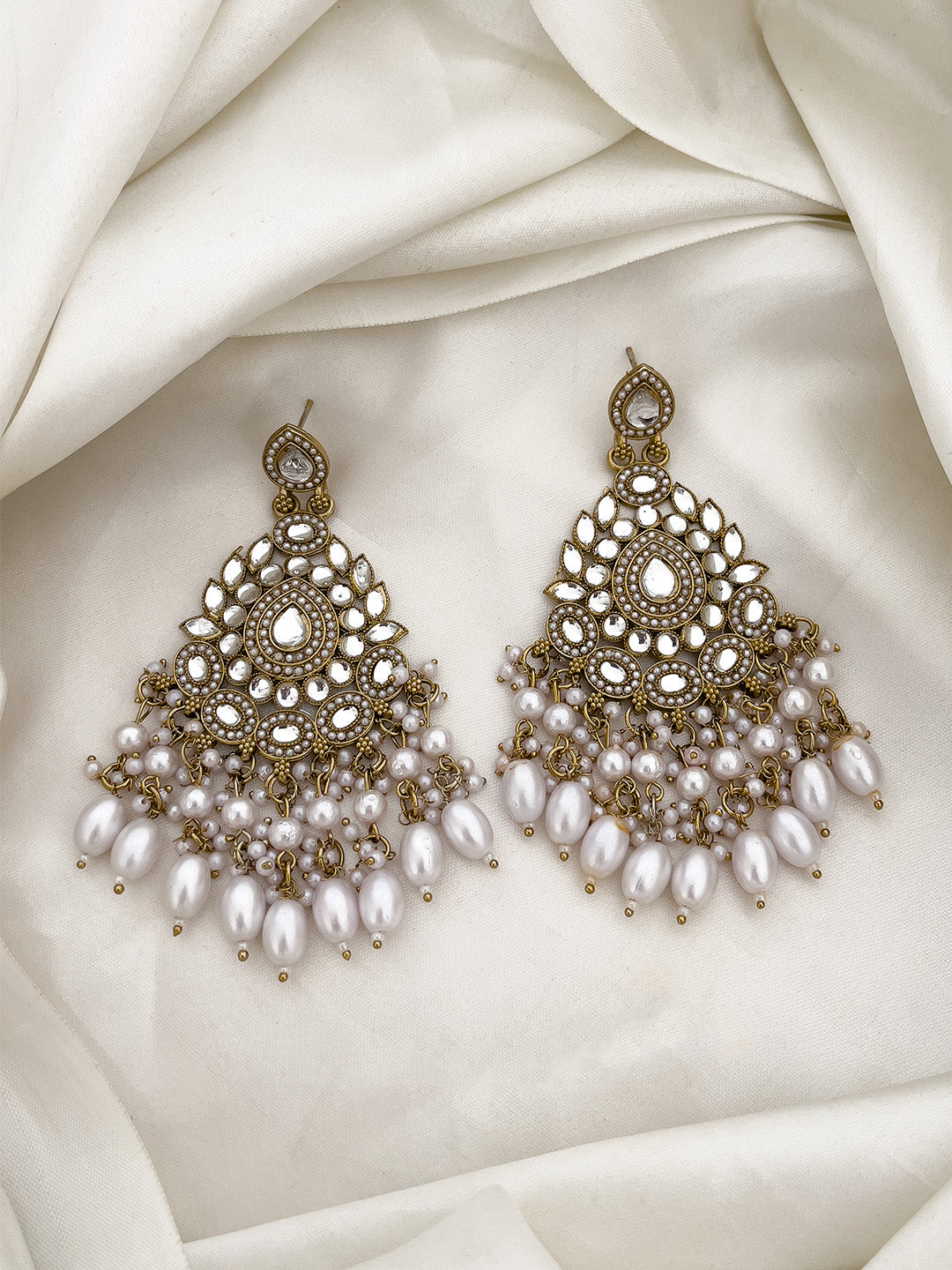 Ishhaara Kundan Ivory Pearls Floral Drop Earrings