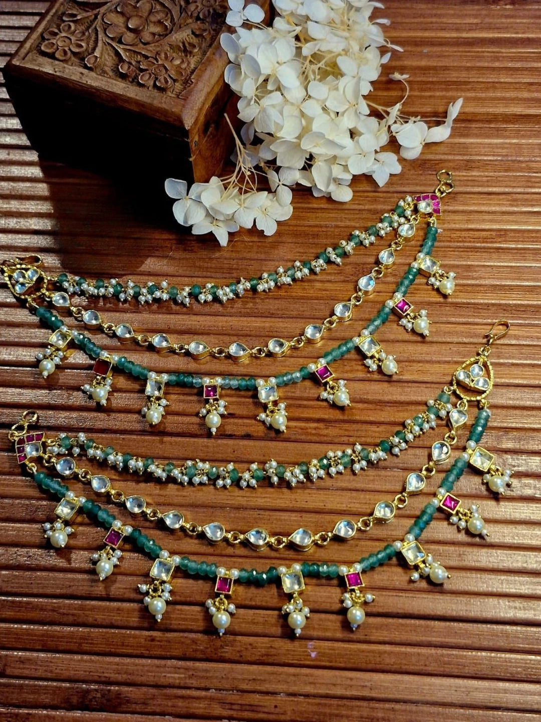 Ishhaara Kundan Jadau Heavy Flower Pearl Triple Layer Earchain