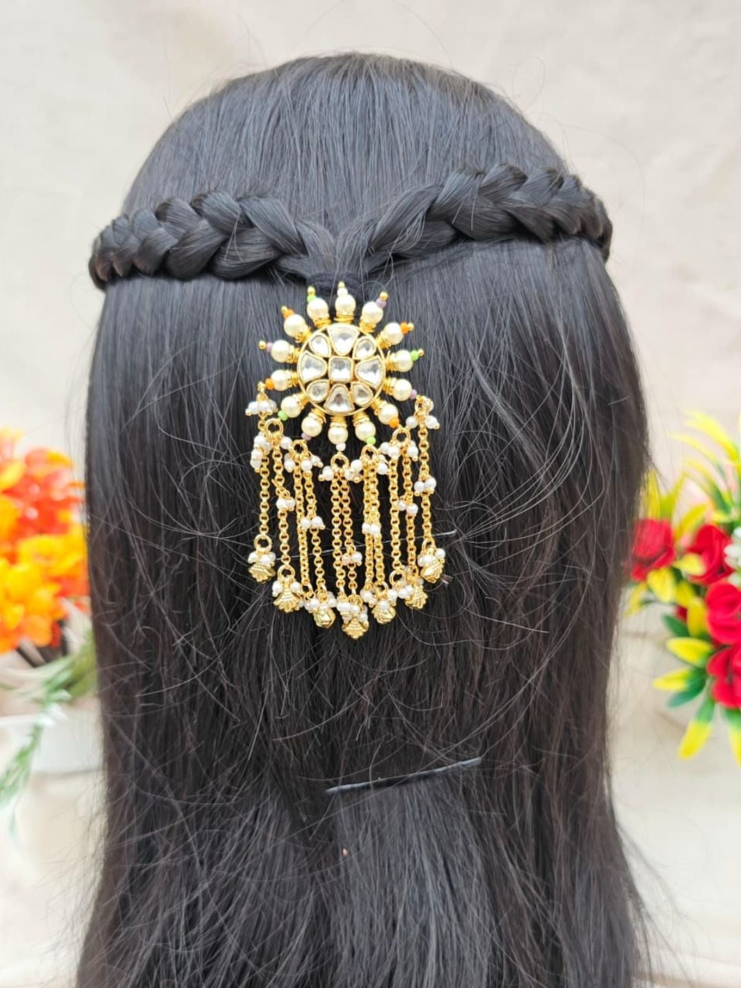 the brand Kundan Juda Pin with Pearl and Gold Chains — handcrafted Indian jewellery