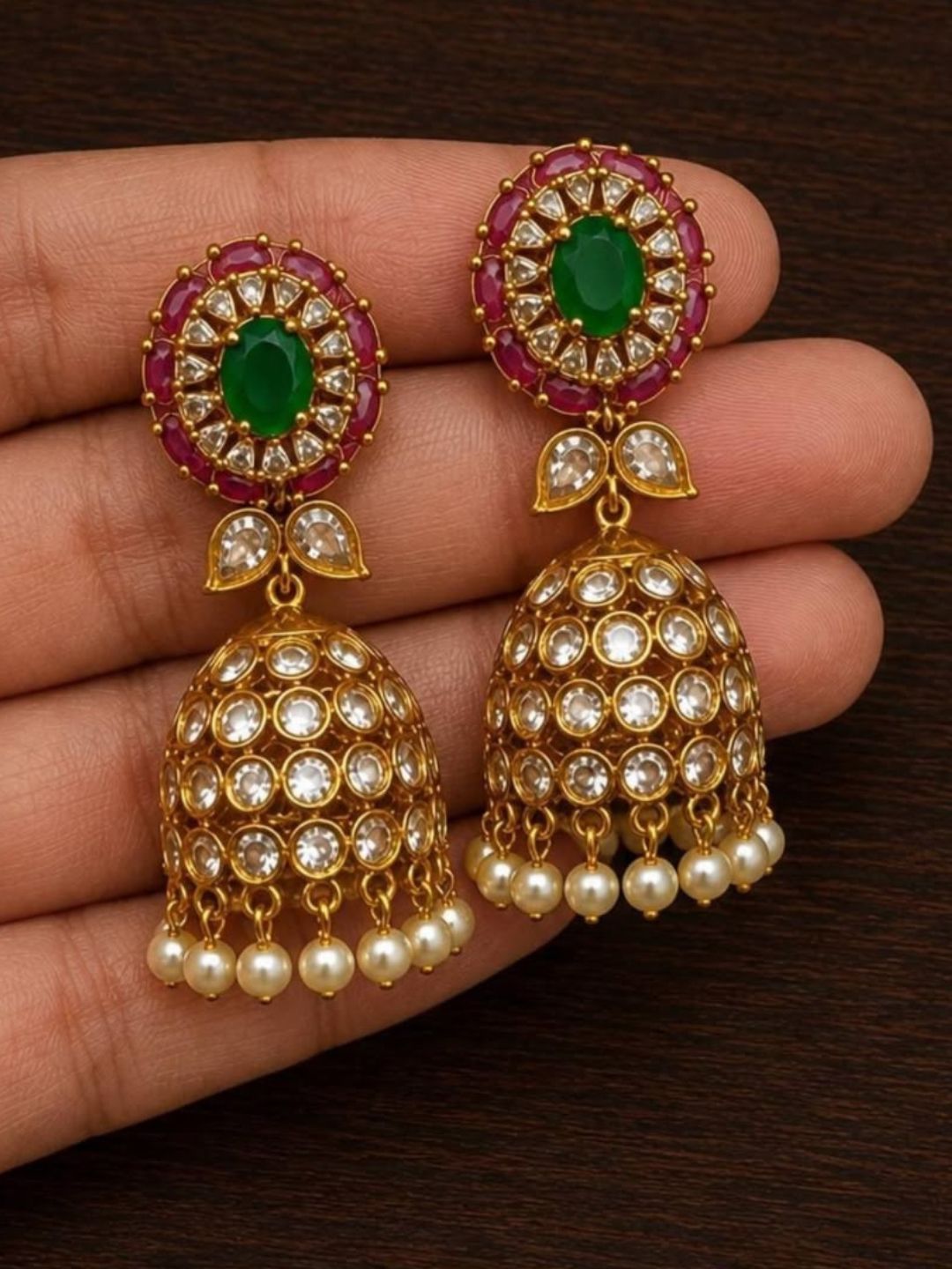 Ishhaara Kundan Kemp Pearl Drop Jhumkas