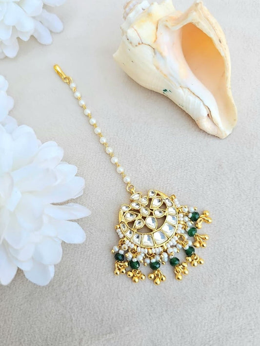 Ishhaara Kundan Maang Tikka With Green Beads And Gold Flower Drops - handcrafted Indian jewellery