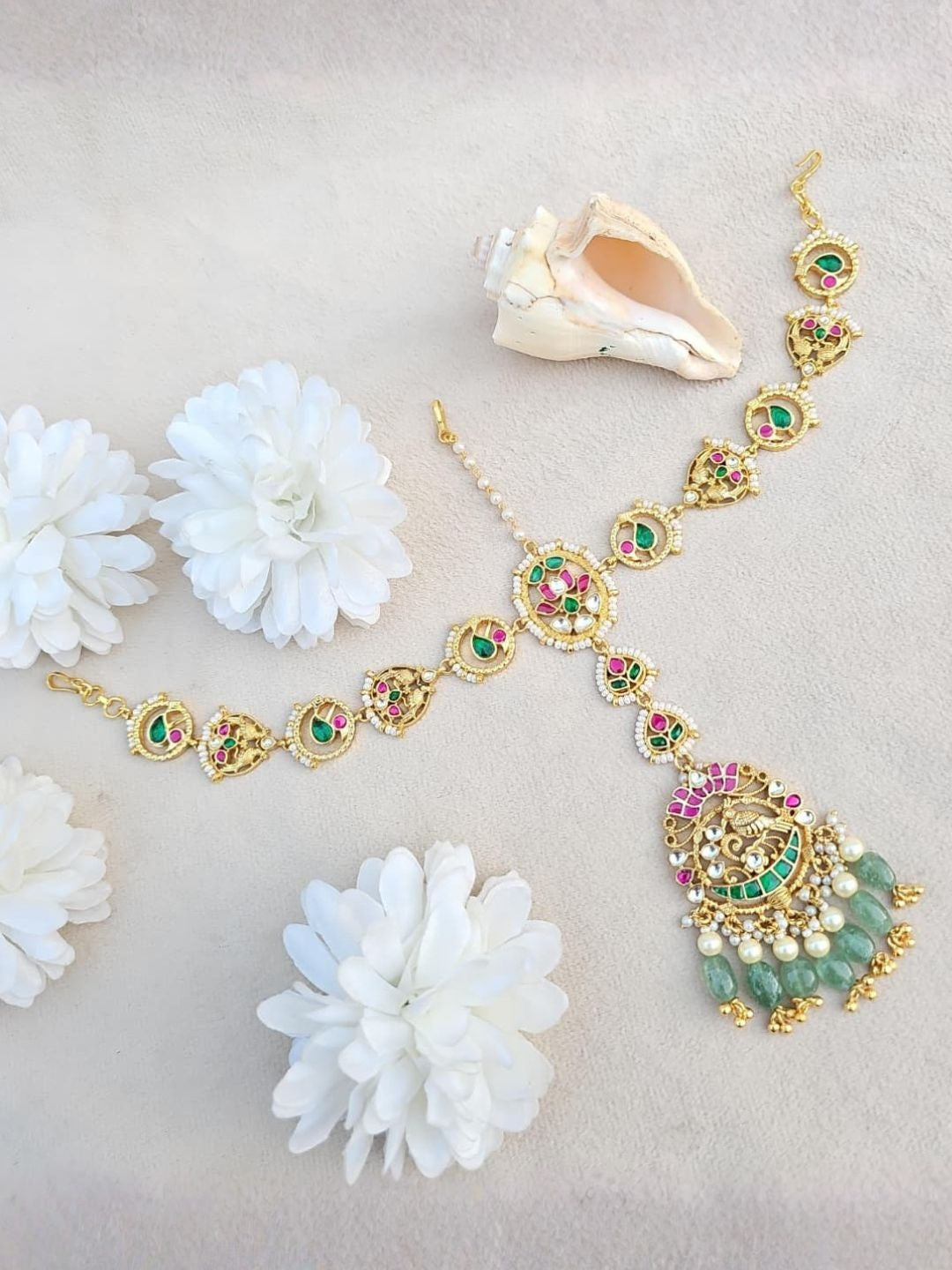 Ishhaara Kundan Matha Patti Hair Chain With Peacock Pendant - handcrafted Indian jewellery