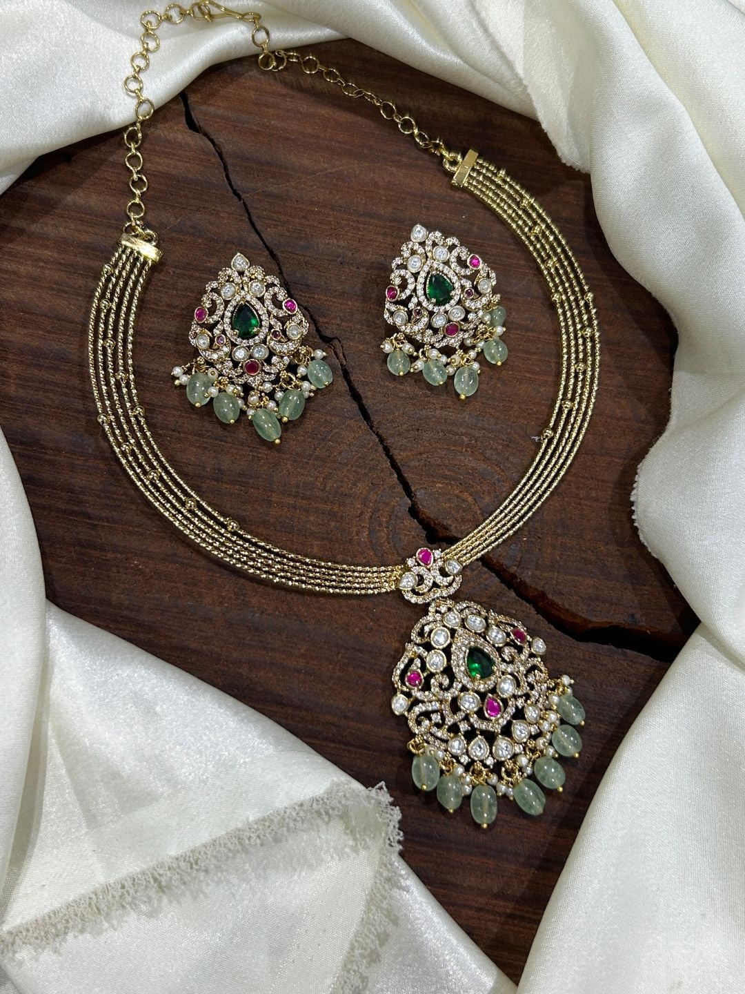 Ishhaara Kundan Mint Bead Drop Necklace & Earring Set