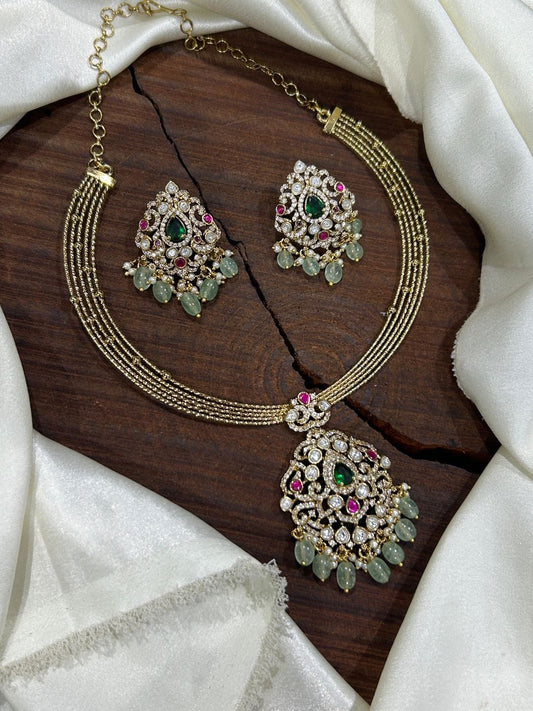 Ishhaara Kundan Mint Bead Drop Necklace & Earring Set