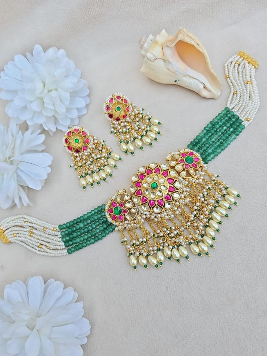 Ishhaara Kundan Multi Strand Choker Necklace And Earrings Set - handcrafted Indian jewellery