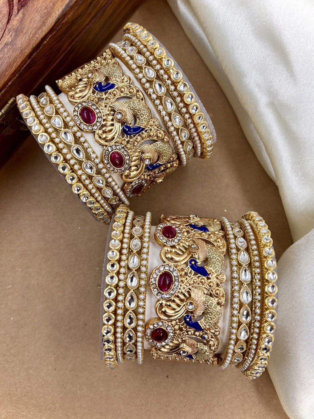 Ishhaara Kundan Peacock Bangle - A stunning gold bangle adorned with kundan and polki stones, featuring a peacock design. - view 2