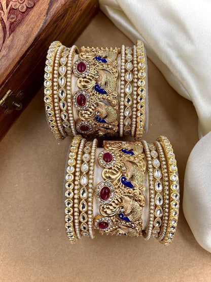 Ishhaara Kundan Peacock Bangle - A stunning gold bangle adorned with kundan and polki stones, featuring a peacock design. - view 3