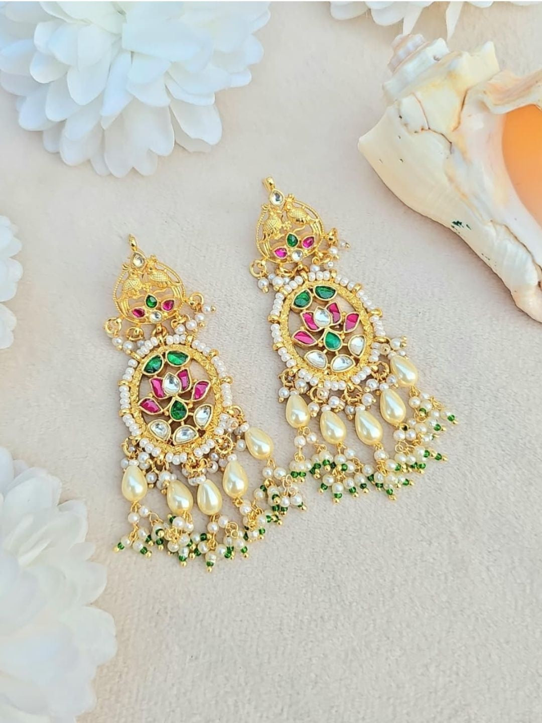 Ishhaara Kundan Peacock Chandbali Earrings With Pearl Drops - handcrafted Indian jewellery