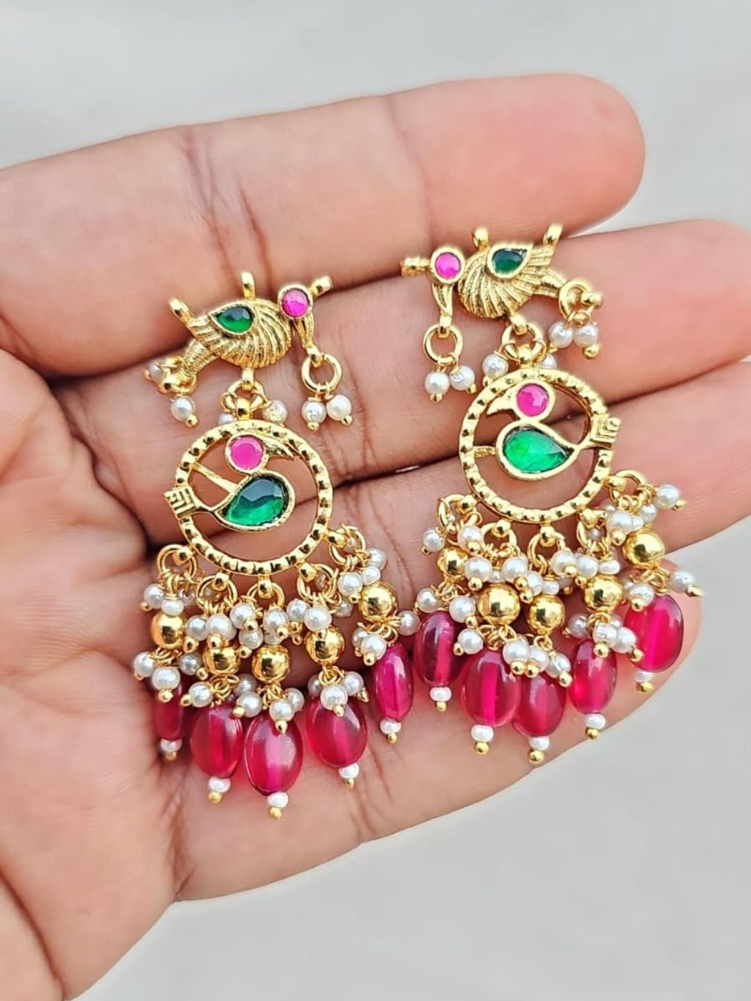 Ishhaara Kundan Peacock Chandelier Earrings With Emerald Green Beads - handcrafted Indian jewellery