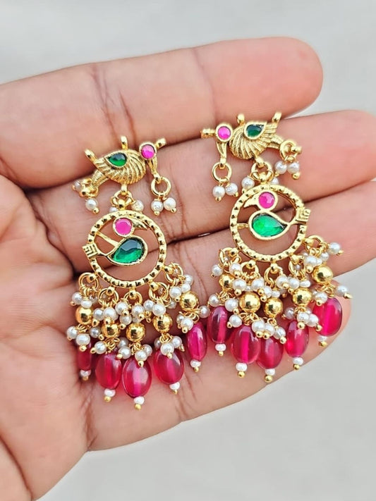 Ishhaara Kundan Peacock Chandelier Earrings With Emerald Green Beads - handcrafted Indian jewellery