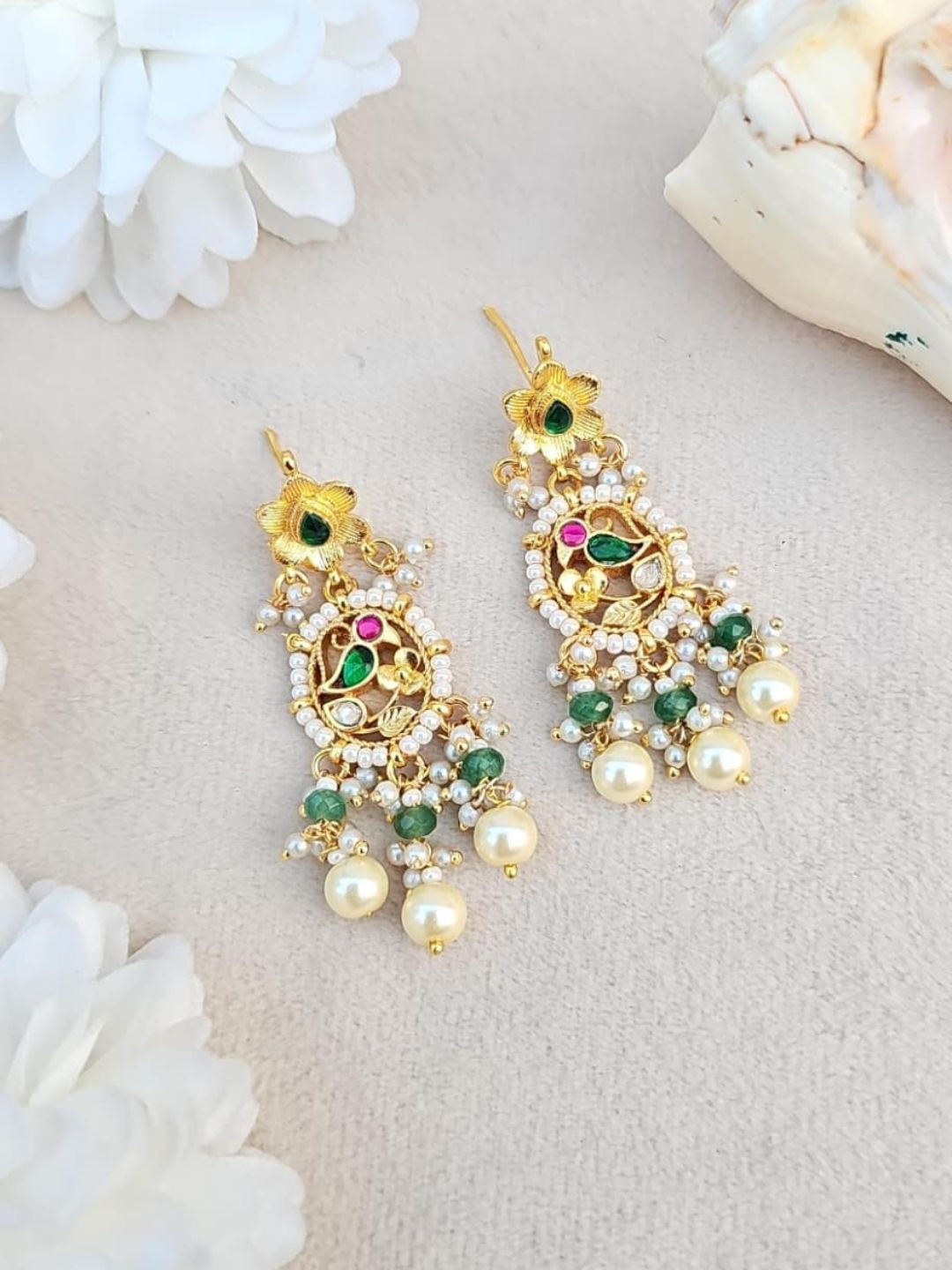 Ishhaara Kundan Peacock Drop Earrings With Green Beads - handcrafted Indian jewellery