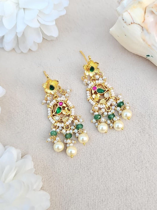Ishhaara Kundan Peacock Drop Earrings With Green Beads - handcrafted Indian jewellery