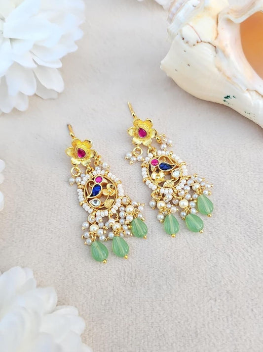 Ishhaara Kundan Peacock Jhumka Earrings With Gold Ghungroo Drops - handcrafted Indian jewellery