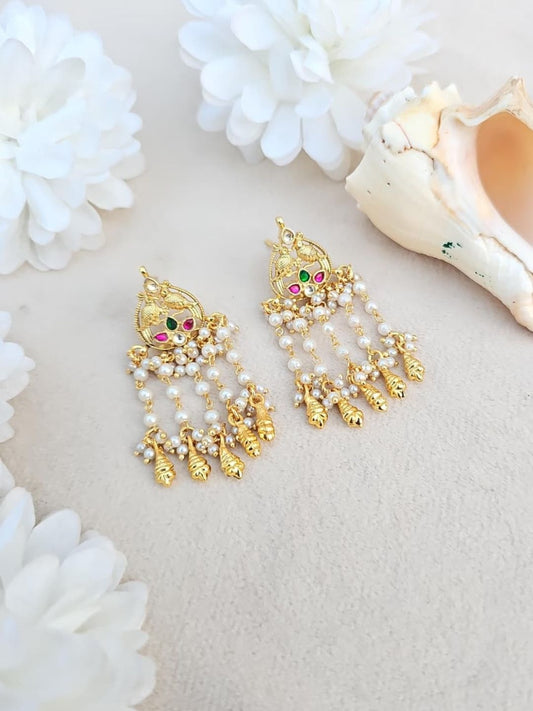 Ishhaara Kundan Peacock Jhumka Earrings With Gold Shell Charms - handcrafted Indian jewellery