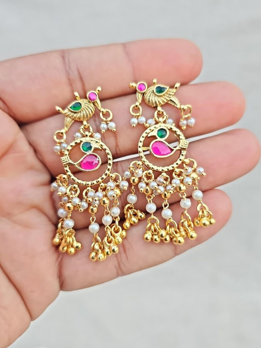 Ishhaara Kundan Peacock Jhumka Earrings With Pearl And Gold Shell Drops - handcrafted Indian jewellery