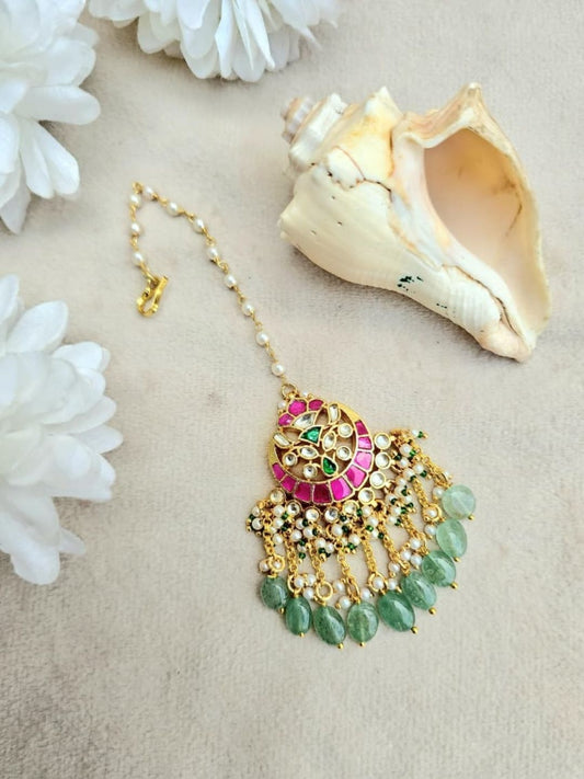 Ishhaara Kundan Peacock Maang Tikka With Green Bead Drops - handcrafted Indian jewellery