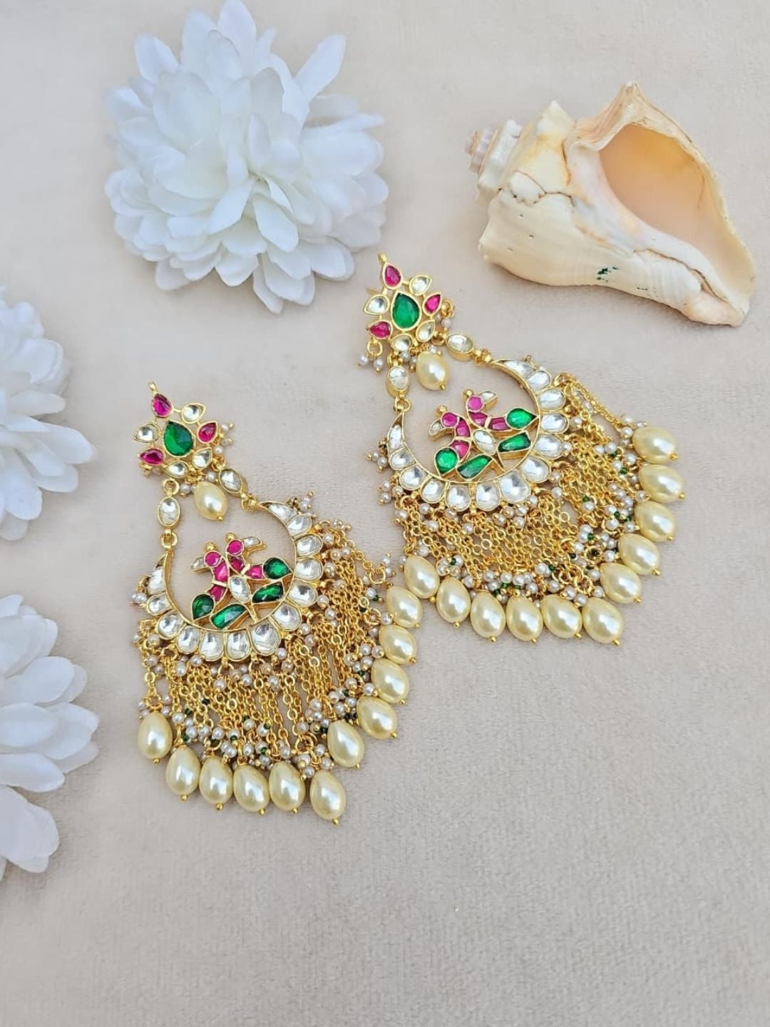 Ishhaara Kundan Peacock Maang Tikka With Pearl And Green Bead Drops - handcrafted Indian jewellery
