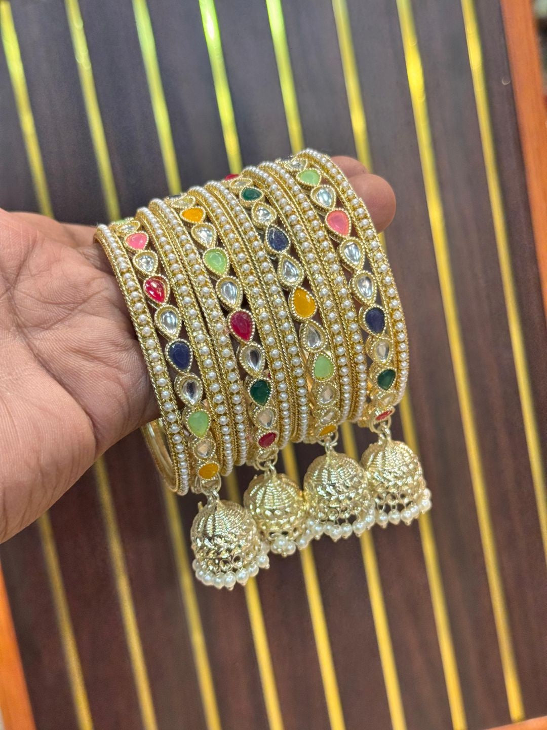 Ishhaara Kundan Pearl Charm Bangle Set - handcrafted Indian jewellery