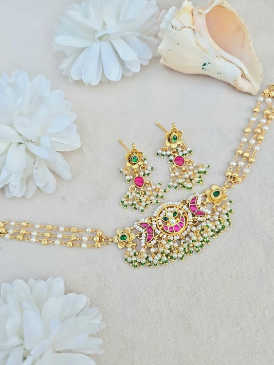 Ishhaara Kundan Pearl Choker Necklace Set - handcrafted Indian jewellery
