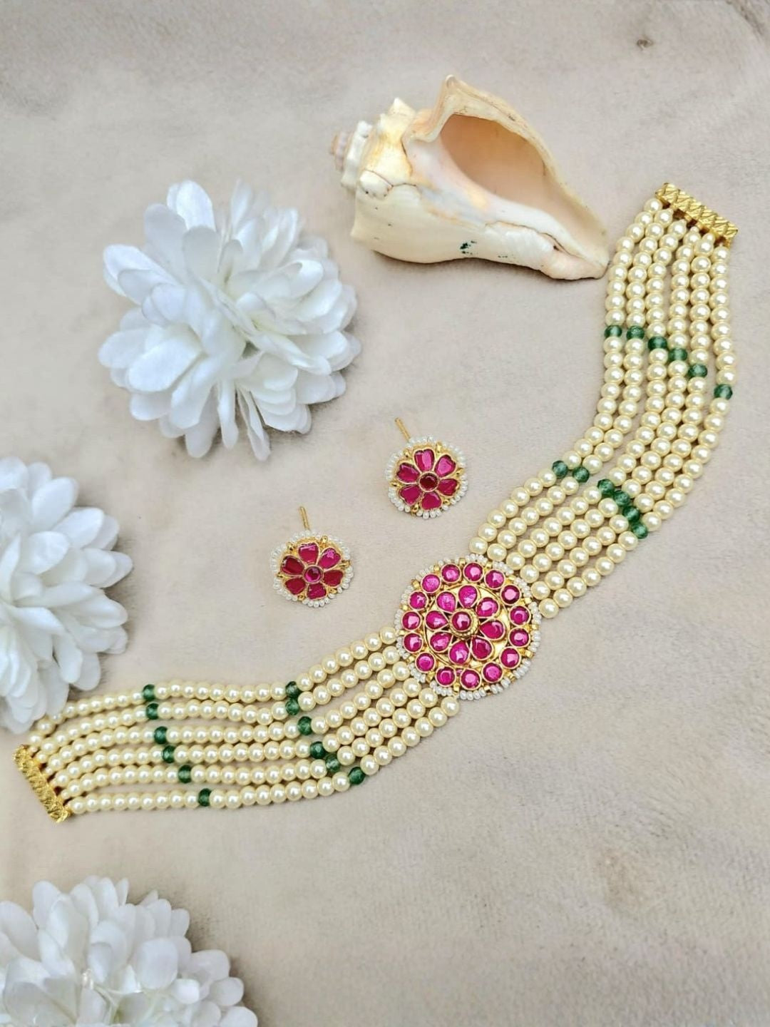 Ishhaara Kundan Pearl Choker Necklace Set - handcrafted Indian jewellery