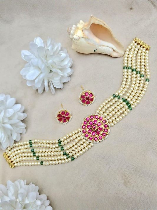 Ishhaara Kundan Pearl Choker Necklace Set - handcrafted Indian jewellery