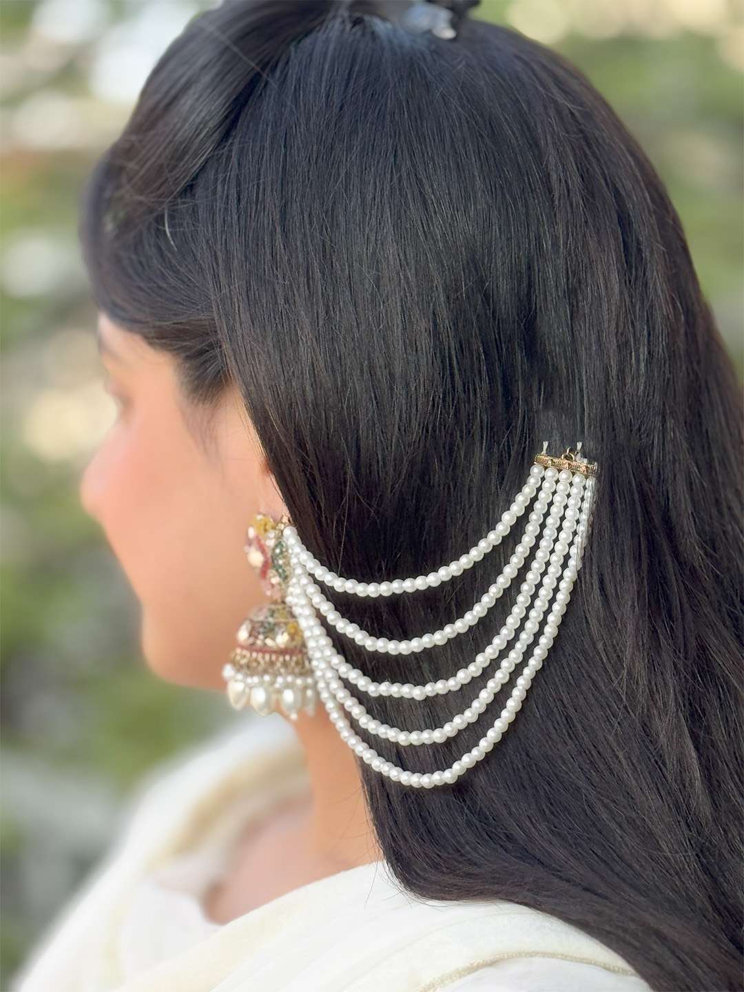 Ishhaara Kundan Pearl Embedded Jhumkas With Sahara Earchain