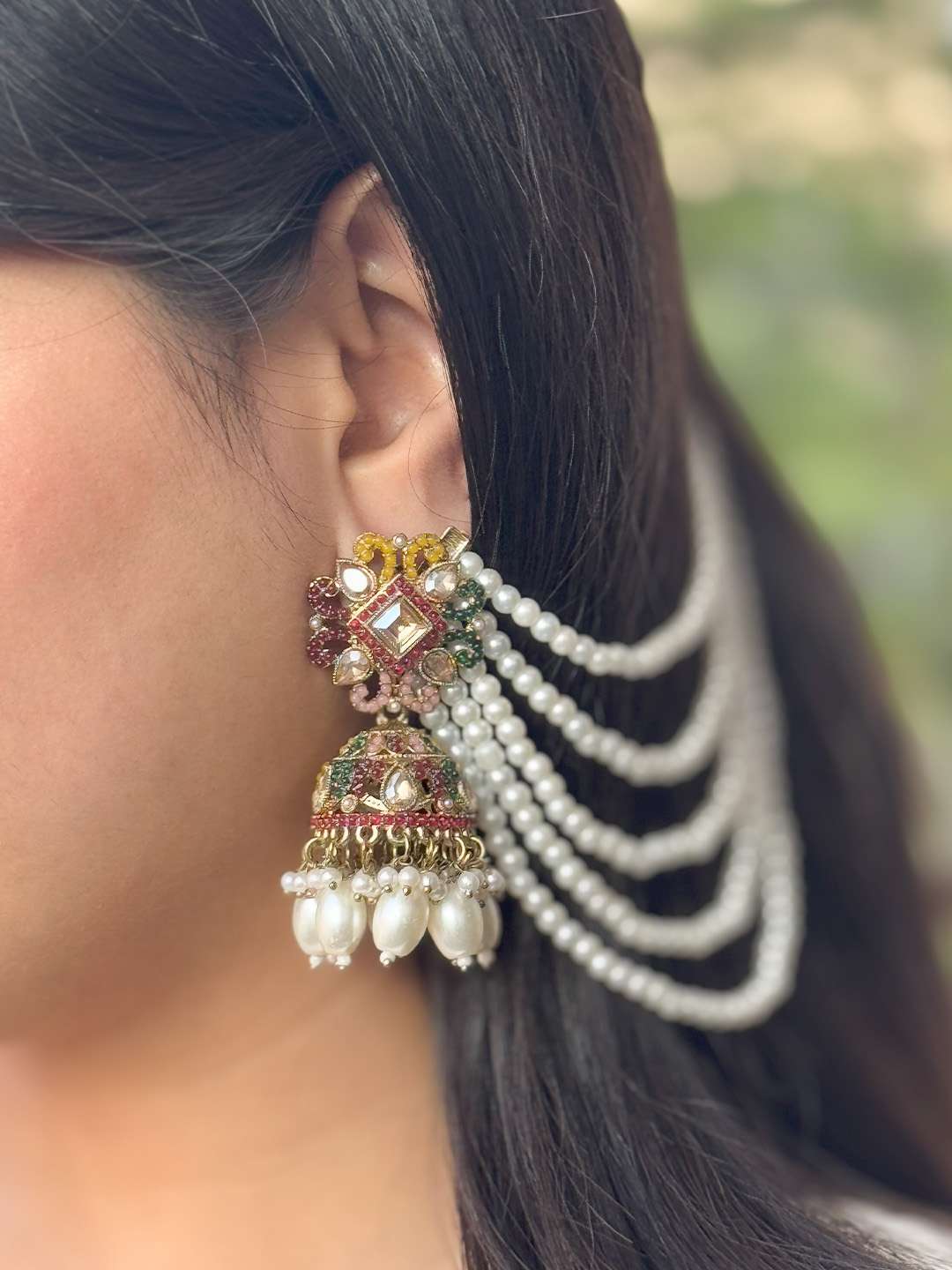 Ishhaara Kundan Pearl Embedded Jhumkas With Sahara Earchain