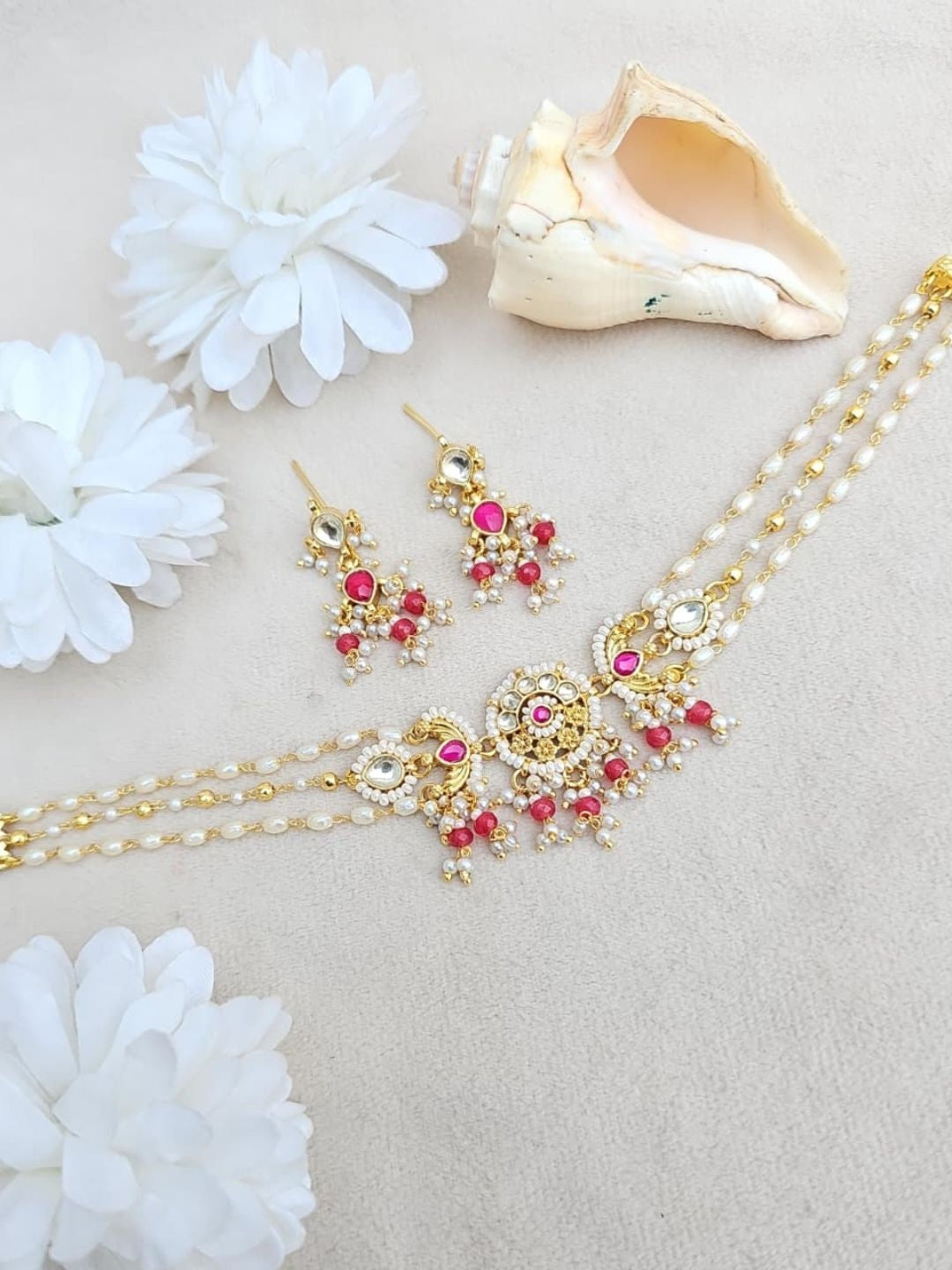 Ishhaara Kundan Pearl Layered Choker Necklace Set - handcrafted Indian jewellery