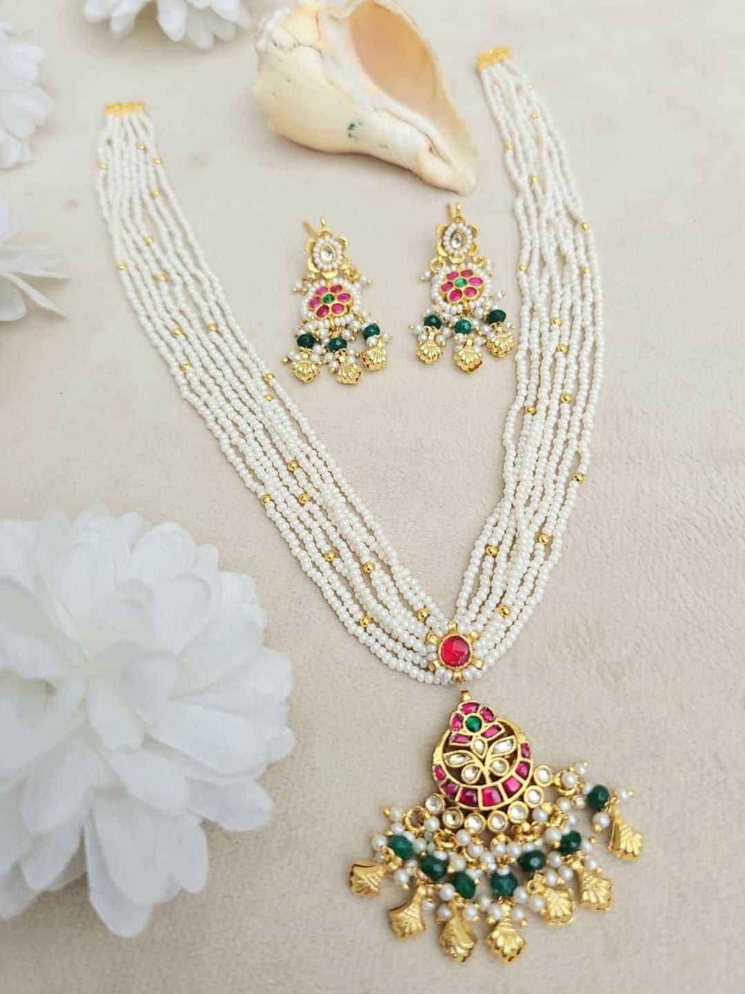 Ishhaara Kundan Pearl Long Necklace Set - handcrafted Indian jewellery